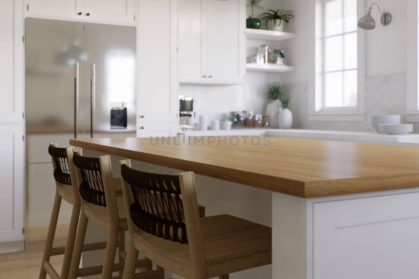 Wooden countertop, empty surface to place your goods, with a blurred kitchen background in the background. Stylish, bright kitchen in traditional style. 3D rendering