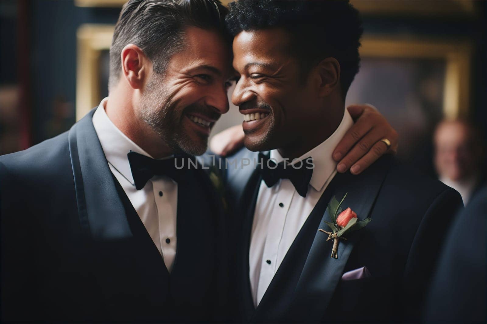 Male lgbt couple in suits with boutonniere getting married. LGBT marriage concept. AI generated