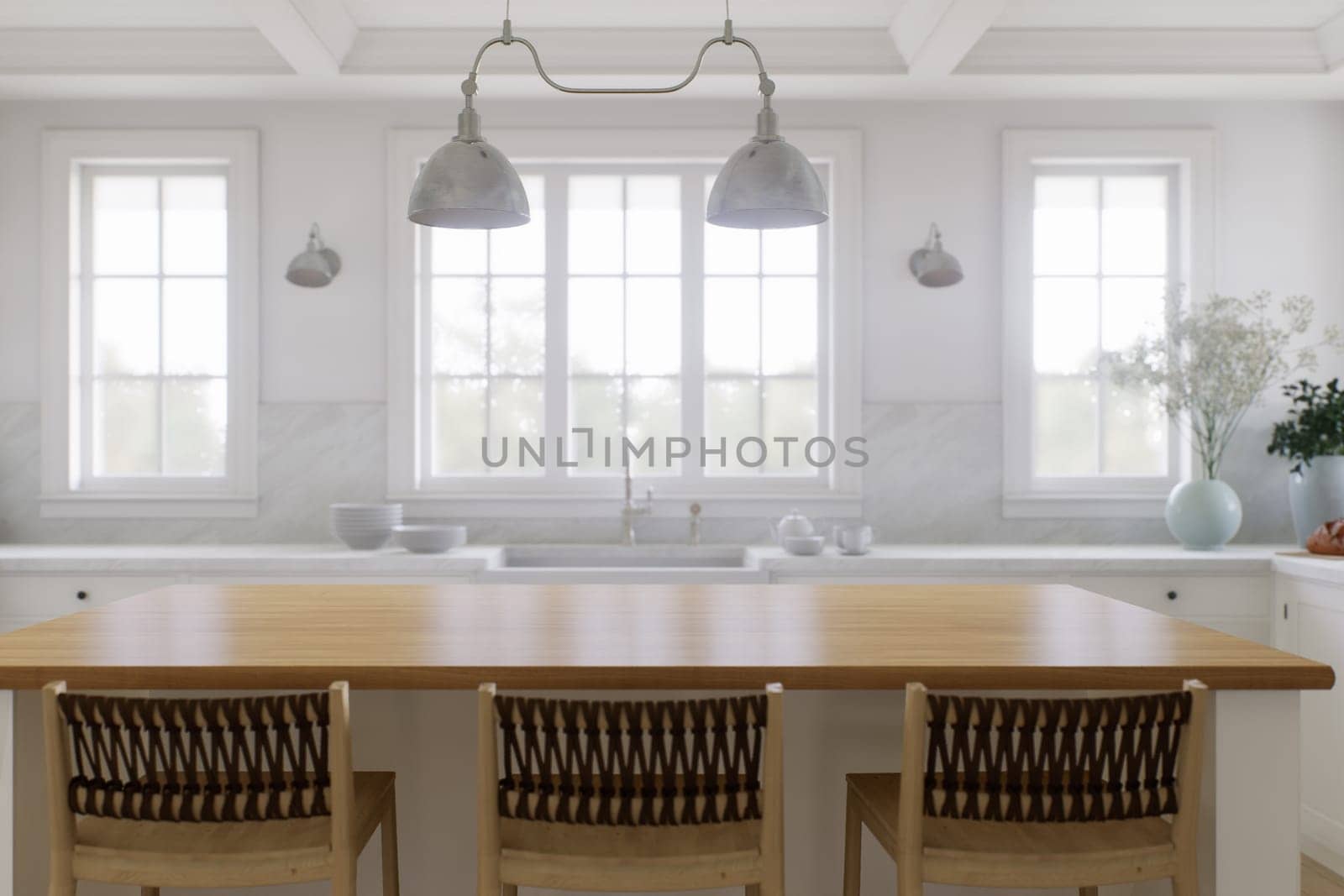 Wooden countertop, empty surface to place your goods, with a blurred kitchen background in the background. Stylish, bright kitchen in traditional style. 3D rendering