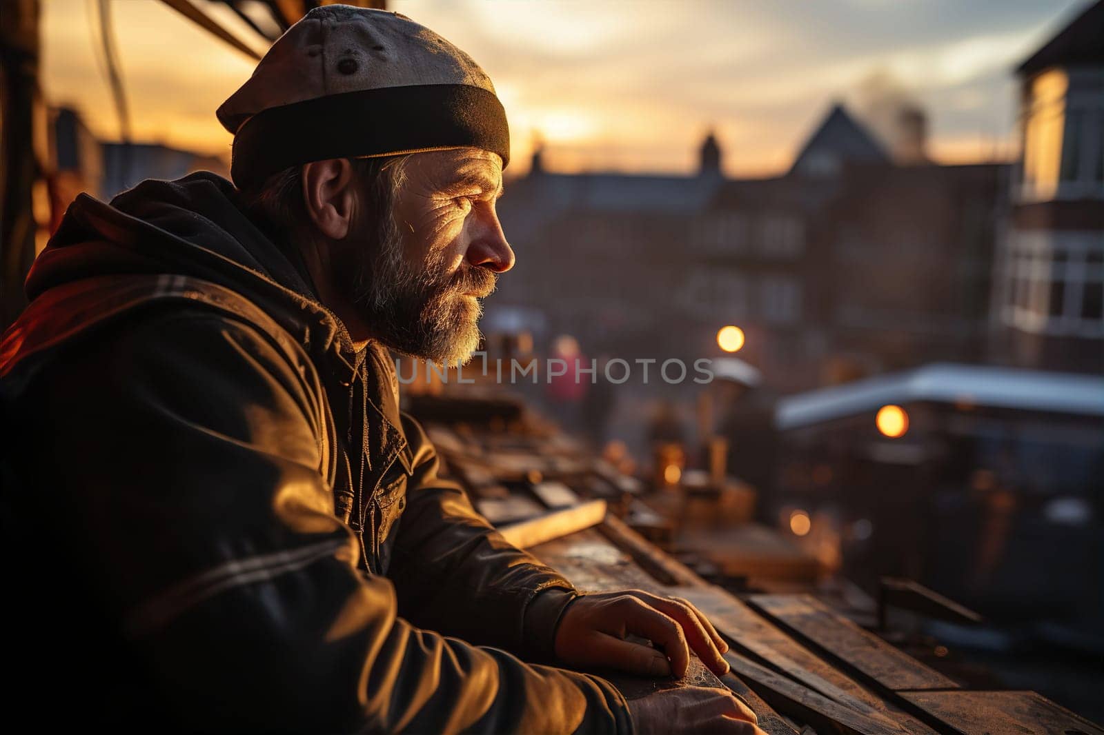 Foreman working at sunset construction site portrait. Homeless life concept. AI generated