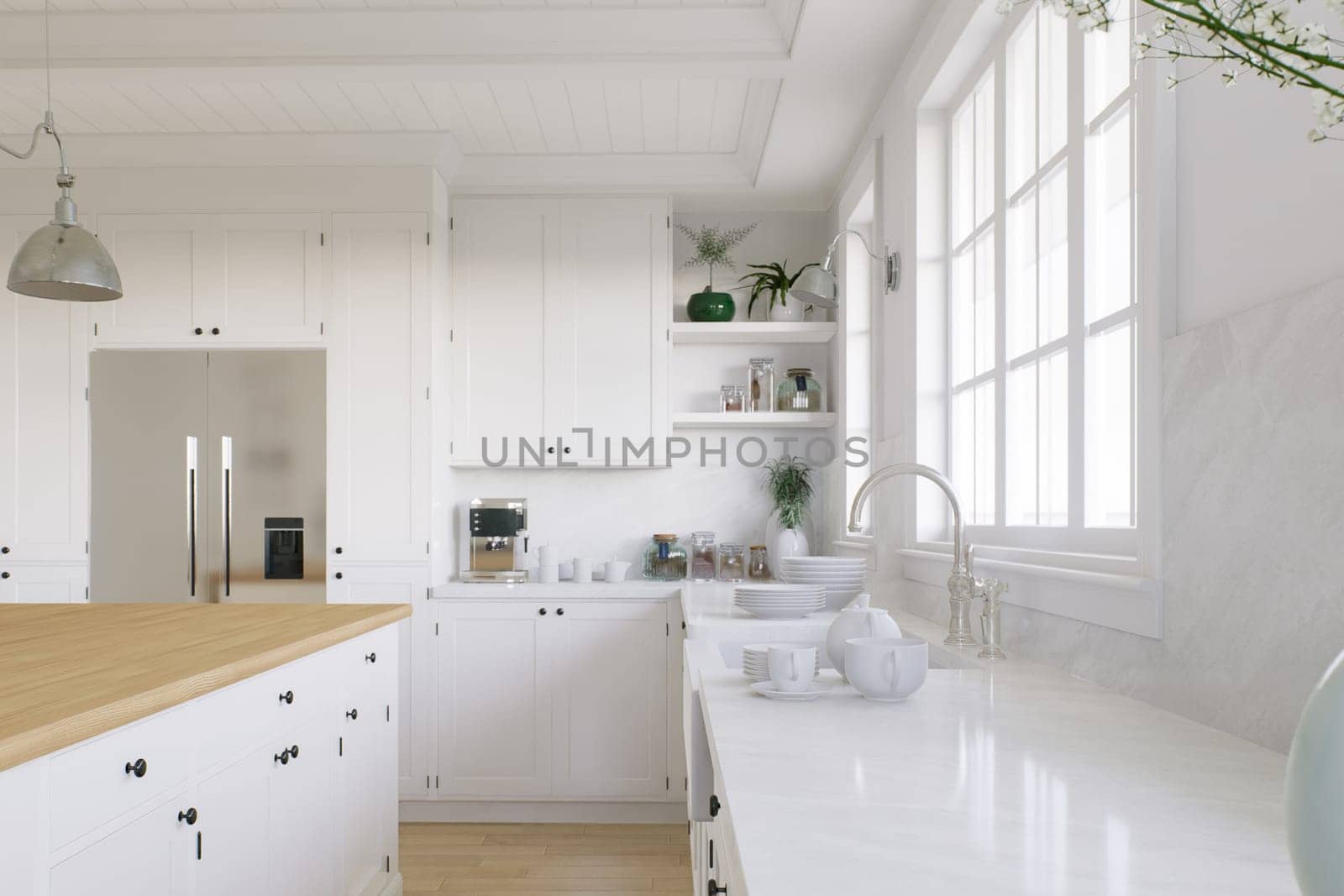 Wooden countertop, empty surface to place your goods, with a blurred kitchen background in the background. by N_Design