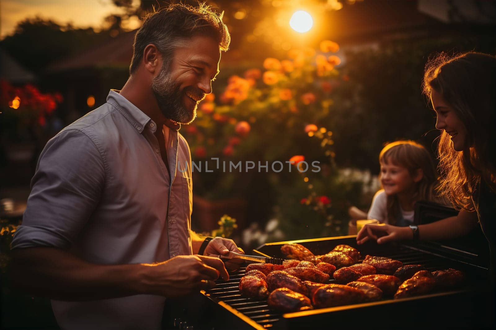 Father preparing barbecue with children in courtyard at dawn. Family picnics concept. AI generated