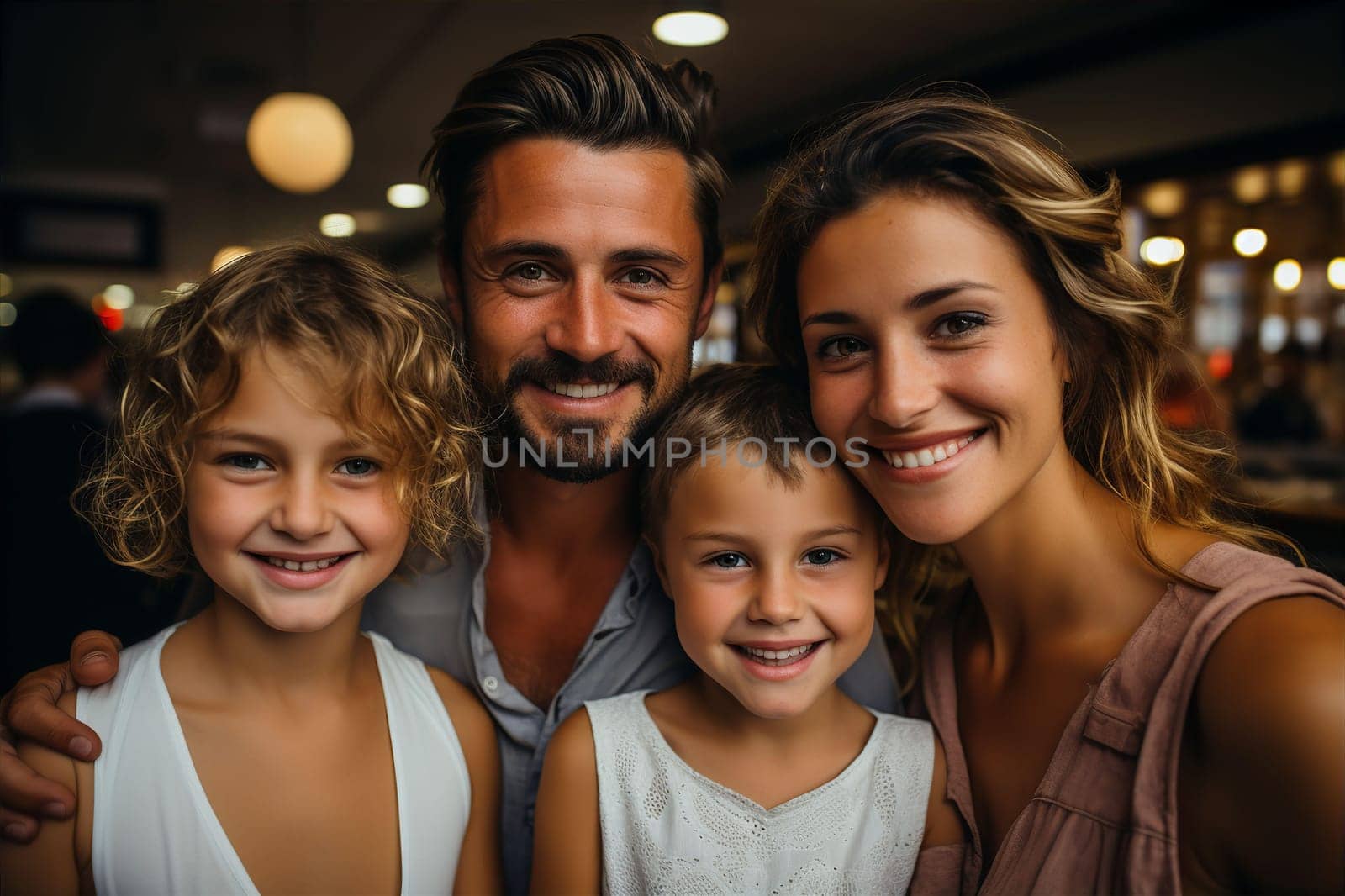 Portrait of family of parents and children girls in cafe. Happy parenting concept