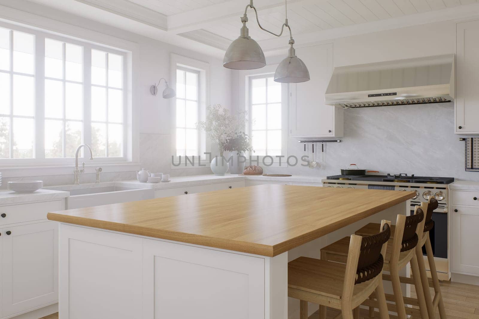 Wooden countertop, empty surface to place your goods, with a blurred kitchen background in the background. Stylish, bright kitchen in traditional style. 3D rendering