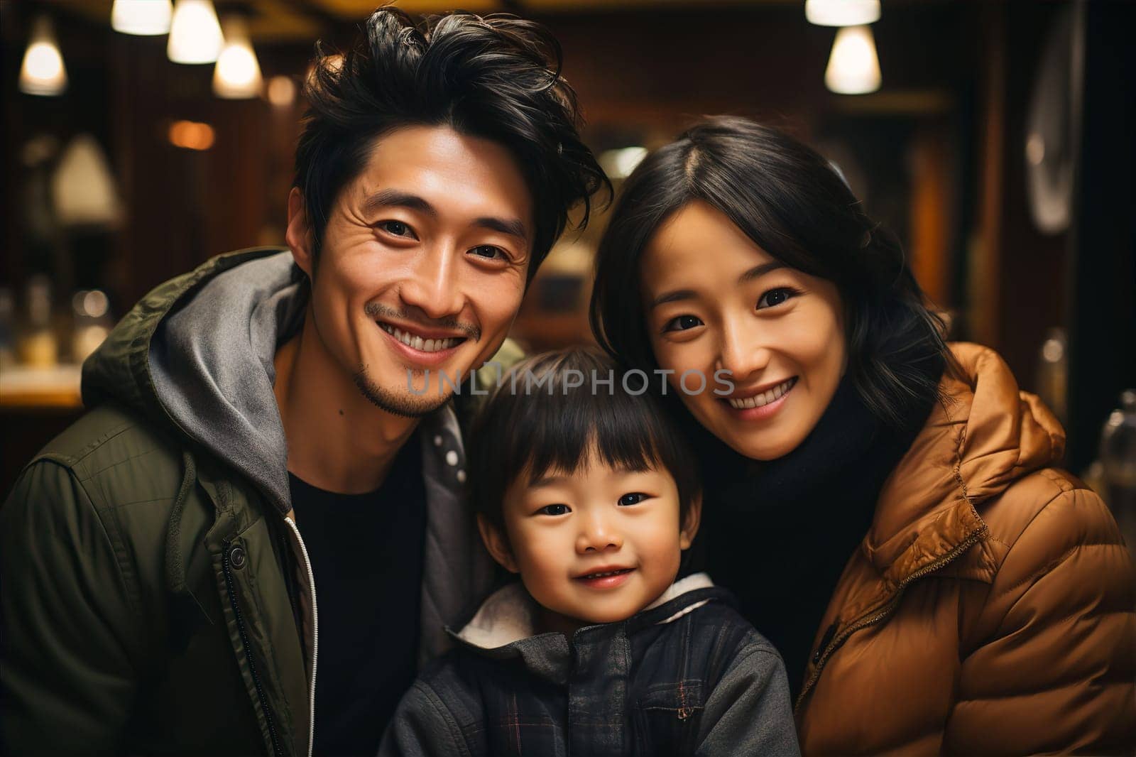 Portrait of Asian family of parents and child in cafe. Happy parenting concept