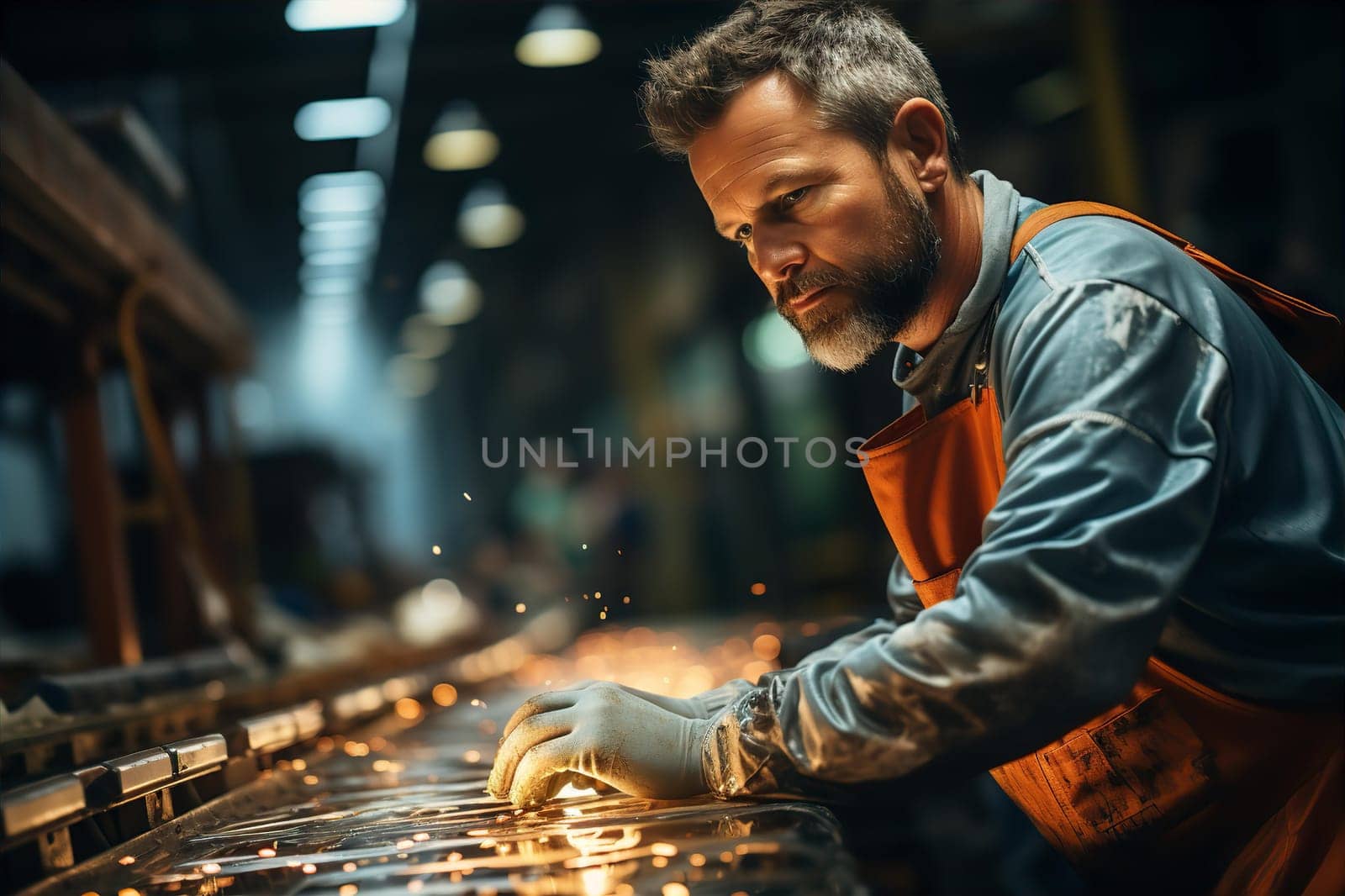 Male welder in uniform working at metalworking plant. Male professions concept. AI generated