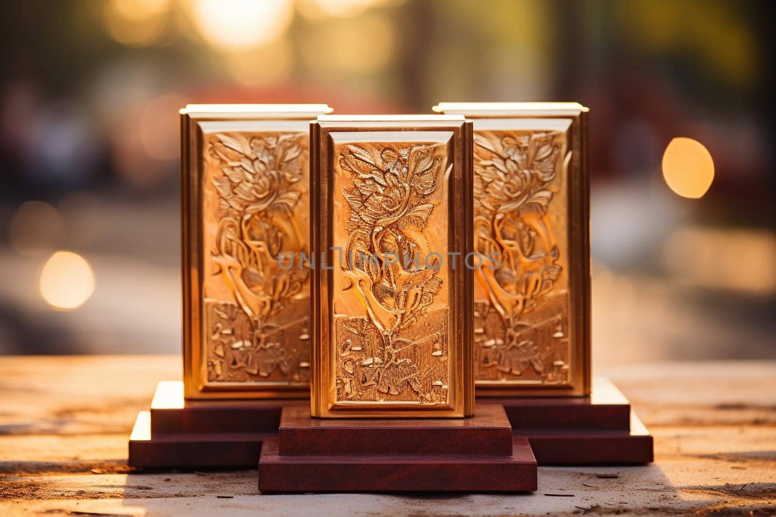 Winner's award in the form of gold bars on a wooden surface with golden bokeh in the background.
