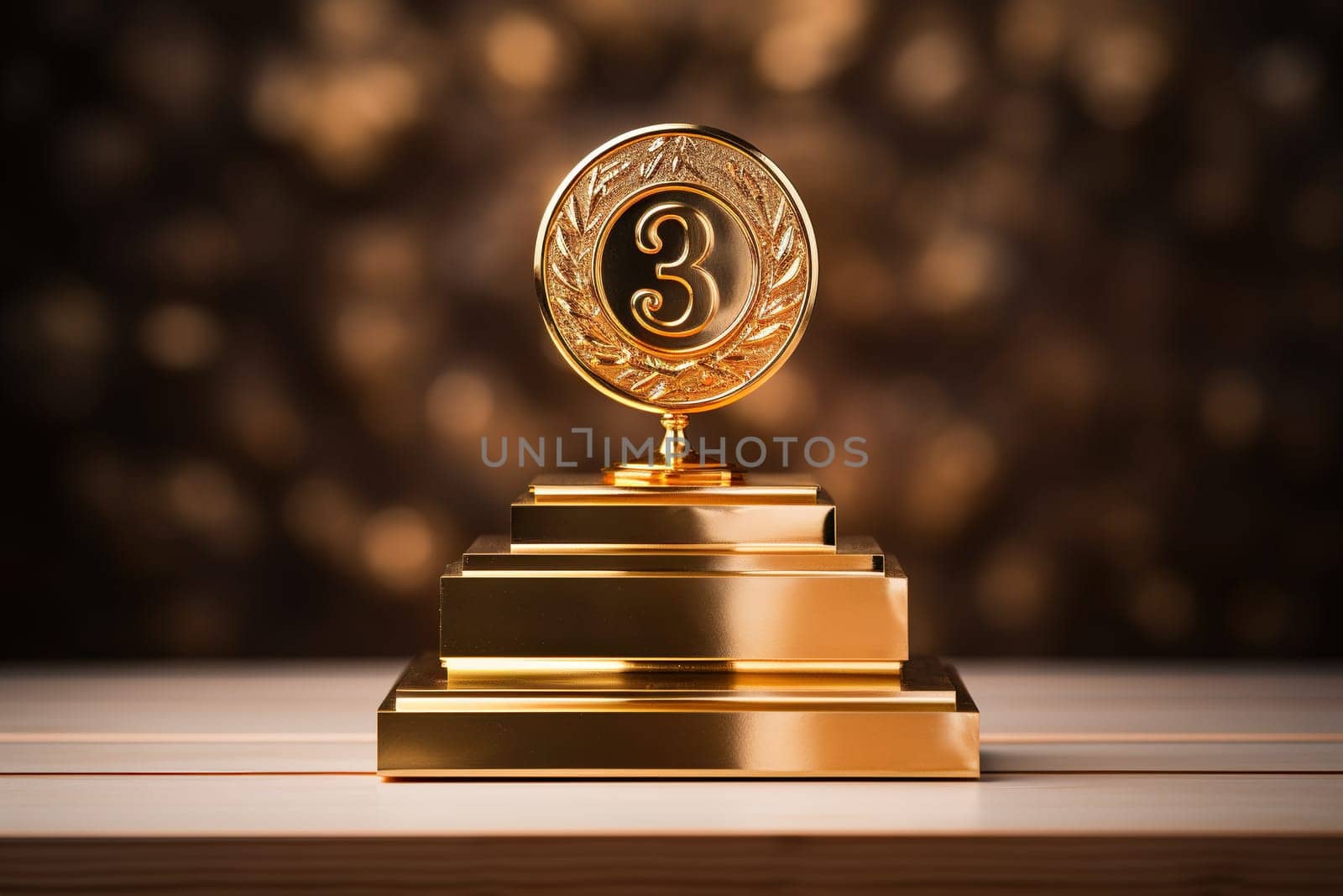 Gold award, prize for 3rd place on a wooden table top with golden bokeh on the background. Competition concept.