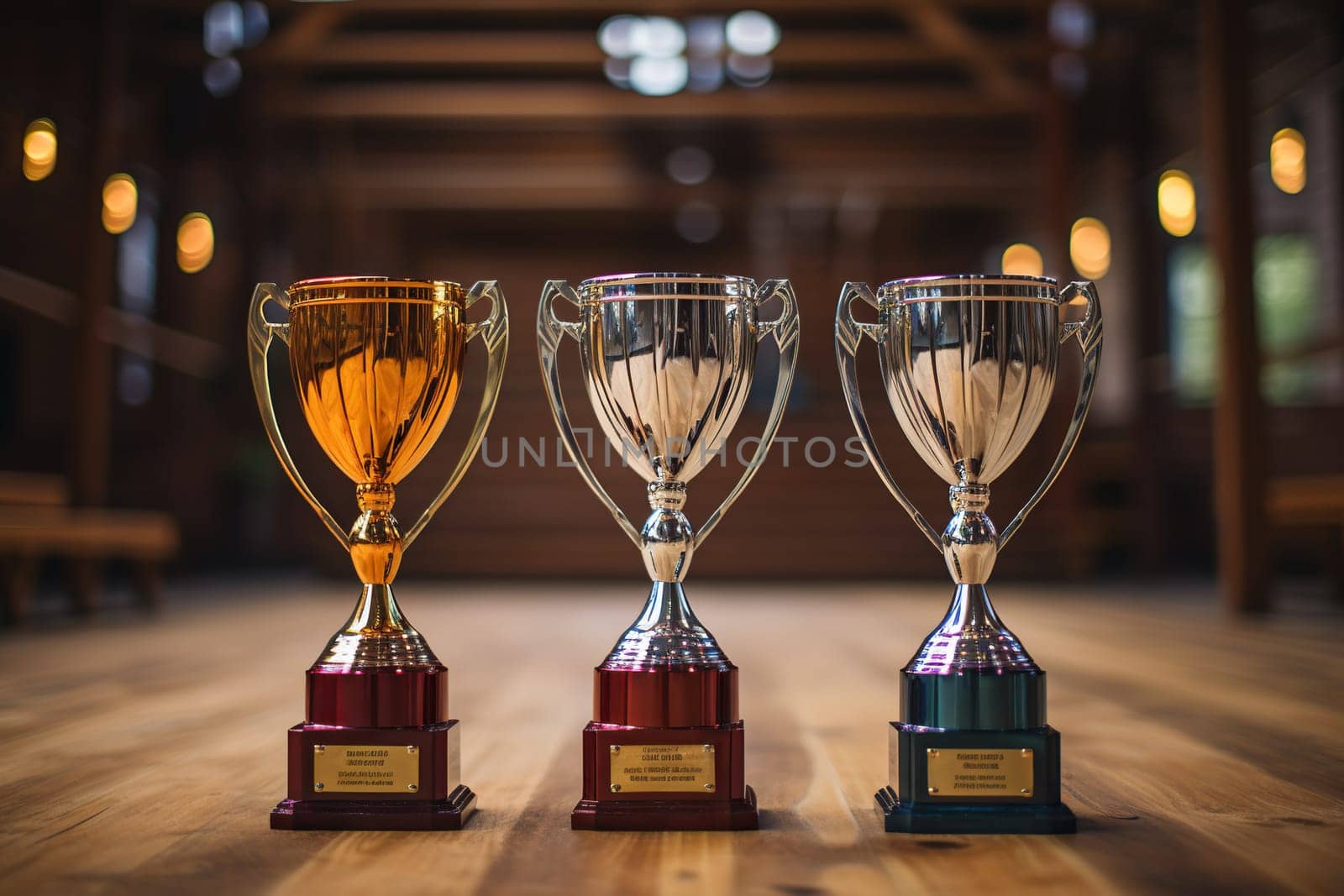 Three gold and silver champion cups on a wooden tabletop. Winner's golden trophy.