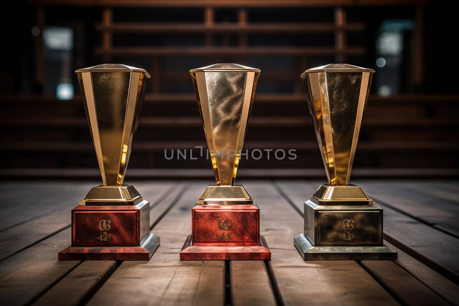 Three gold champion cups on a wooden tabletop. Winner's golden trophy.