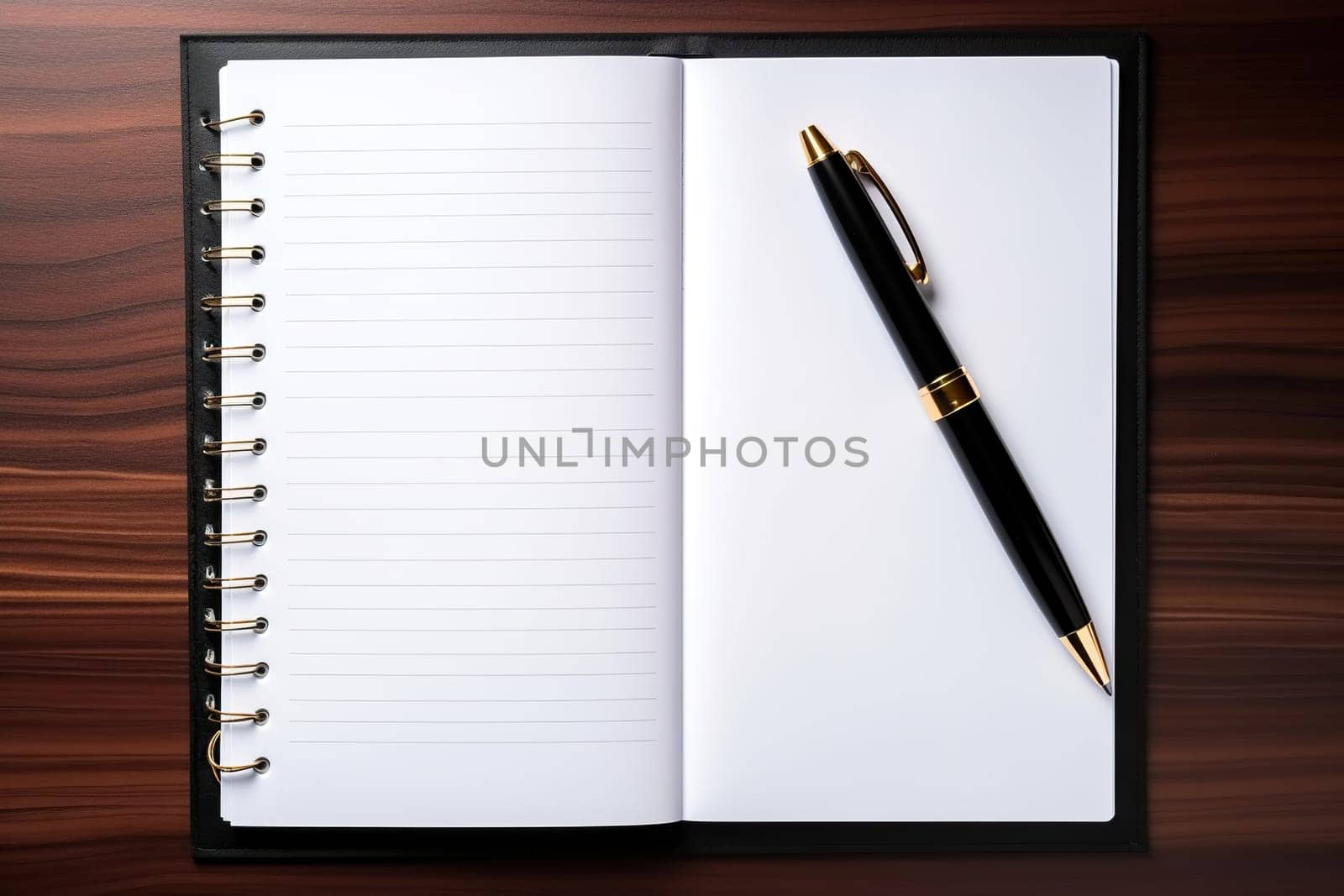 Blank notebook with pen on a wooden table. Business concept