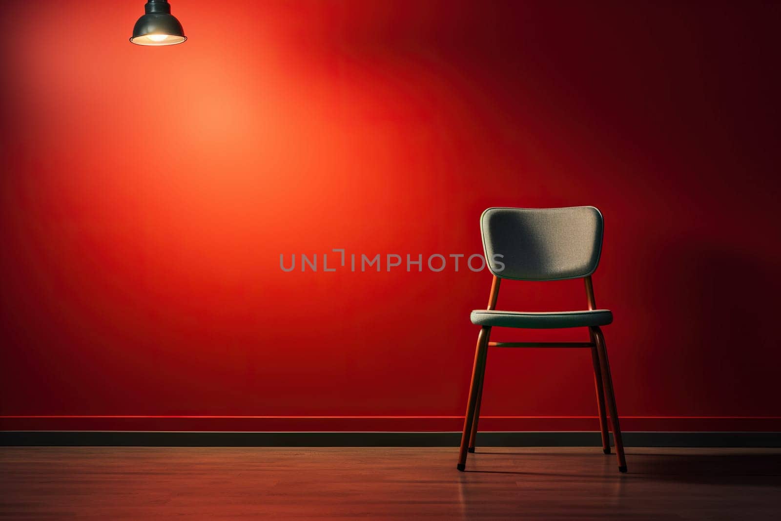 Modern minimalist interior with an armchair on empty red color wall background.