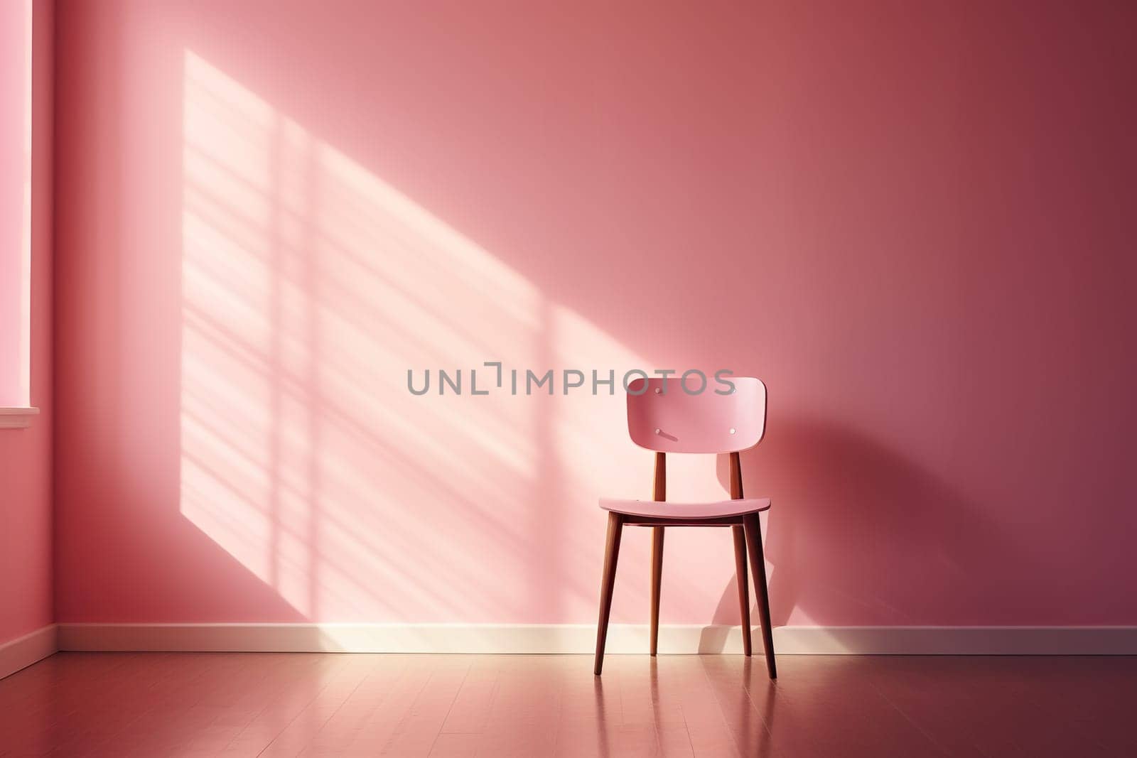 Modern minimalist interior with an armchair on empty pink color wall background.