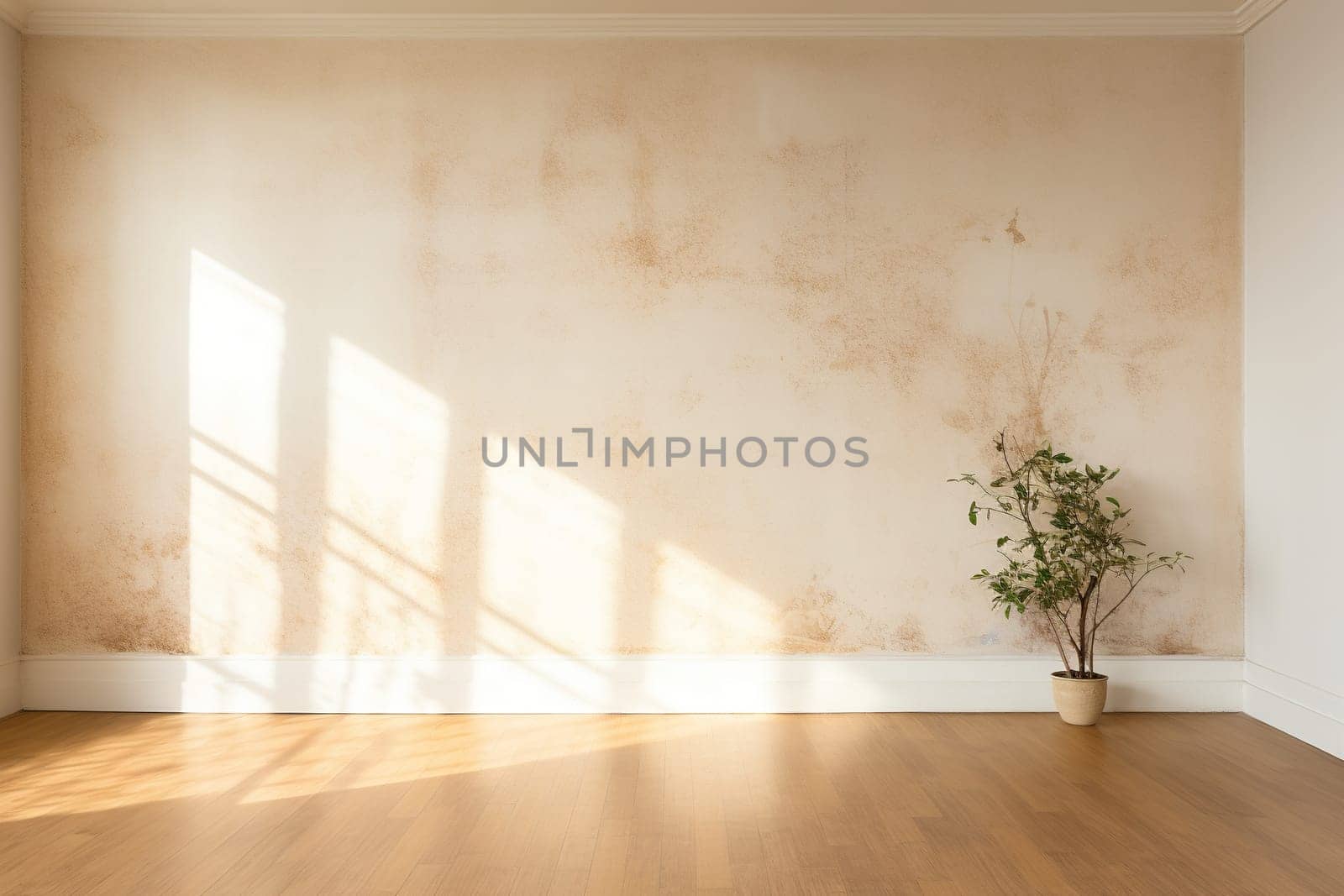 Modern interior of a room with light walls with an antique effect. Potted plant in an empty room.