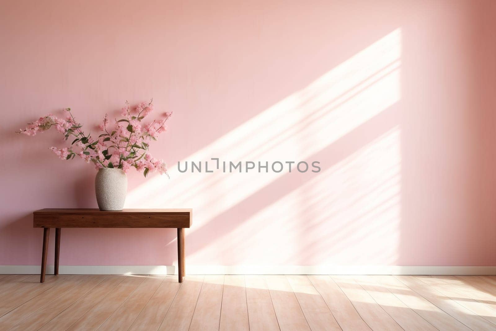 Modern minimalist interior with a table on empty pink color wall background.