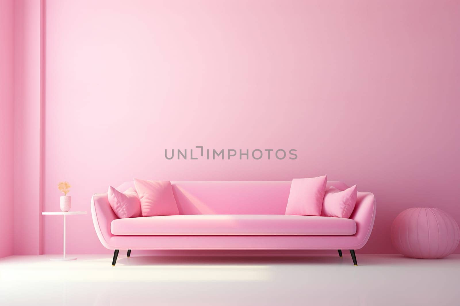 Modern minimalist interior with pink sofa on a pink color wall background.