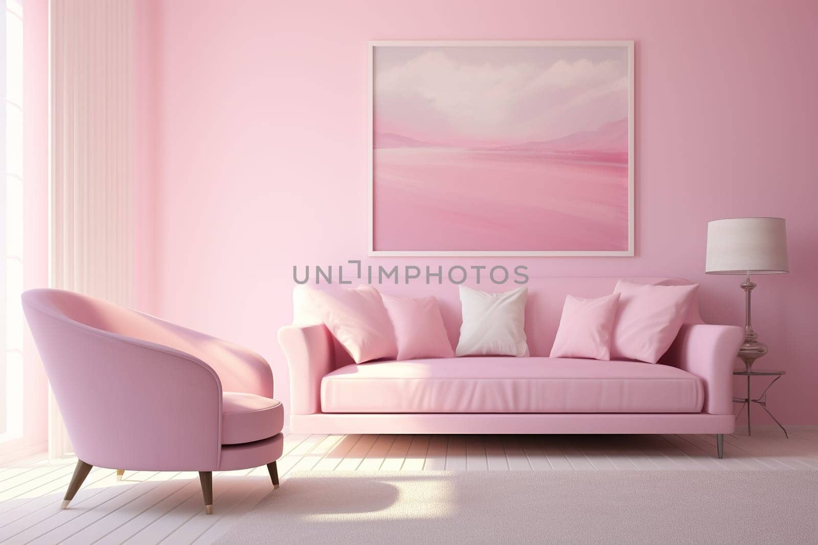 Modern minimalist interior with sofa, armchair and picture on a pink color wall background.