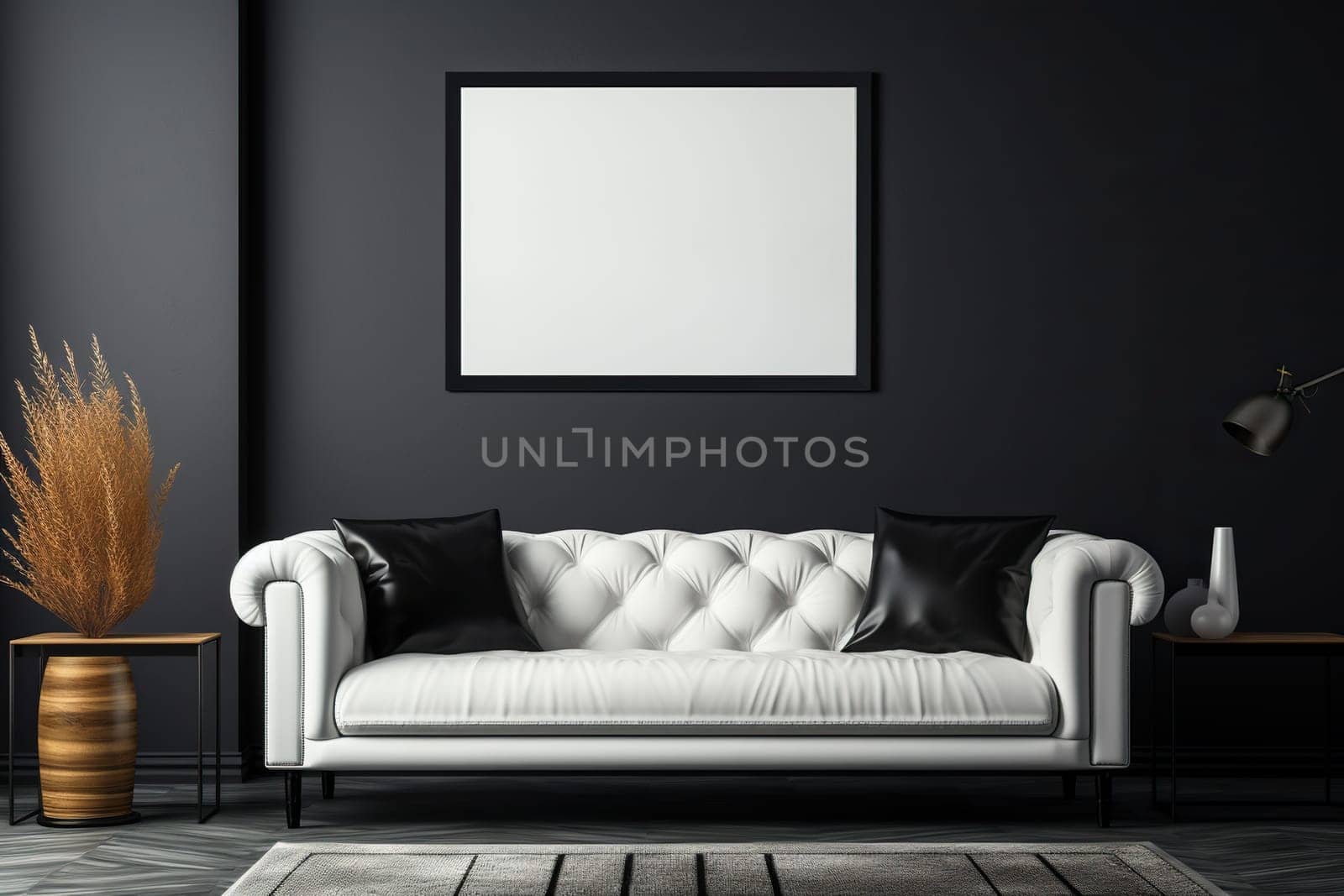 Modern white leather sofa with legs and cushions in a minimalist living room with black walls with a picture. Modern living room interior.
