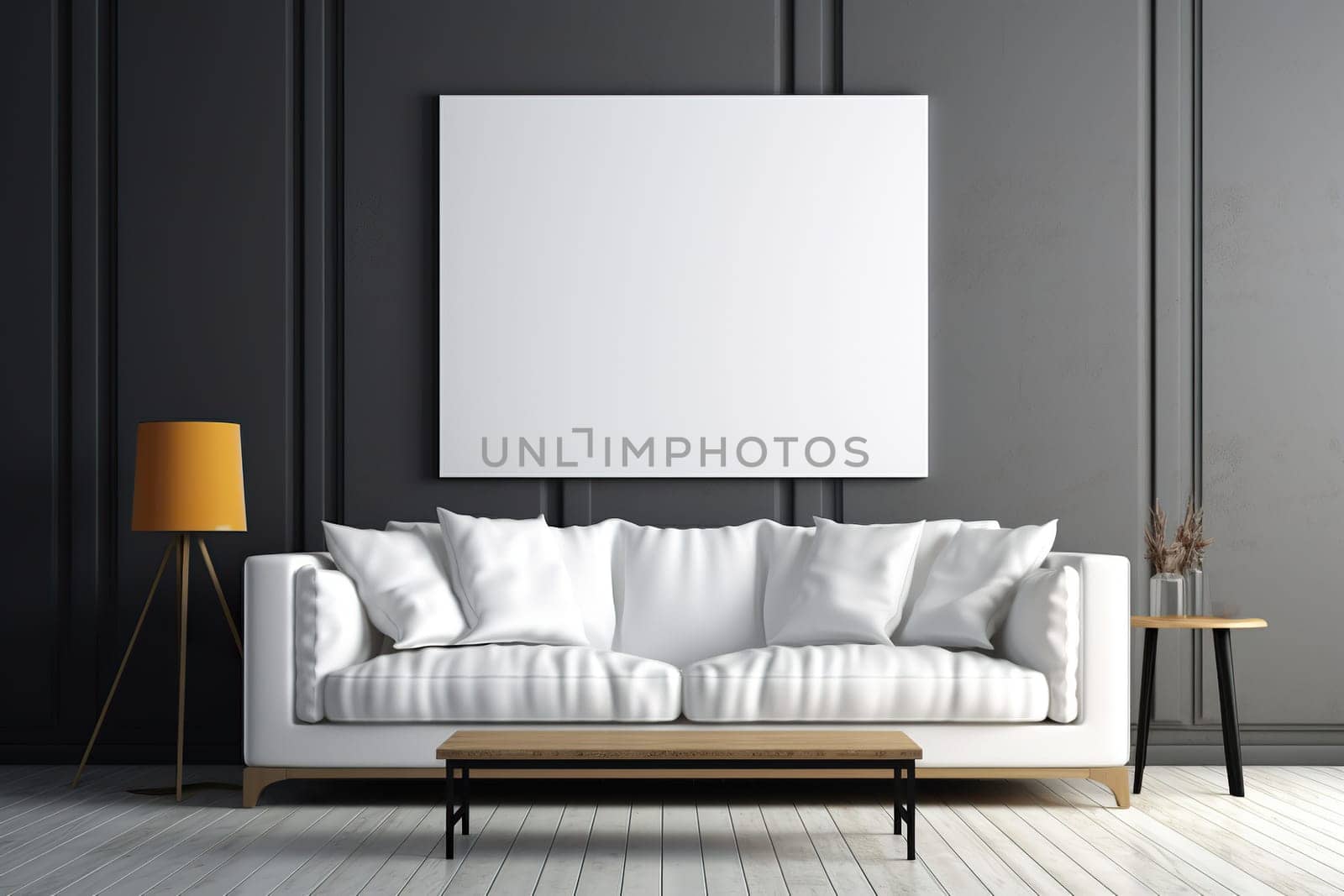 Modern white leather sofa with legs and cushions in a minimalist living room with black walls, a loft table and a yellow lamp. Modern living room interior.