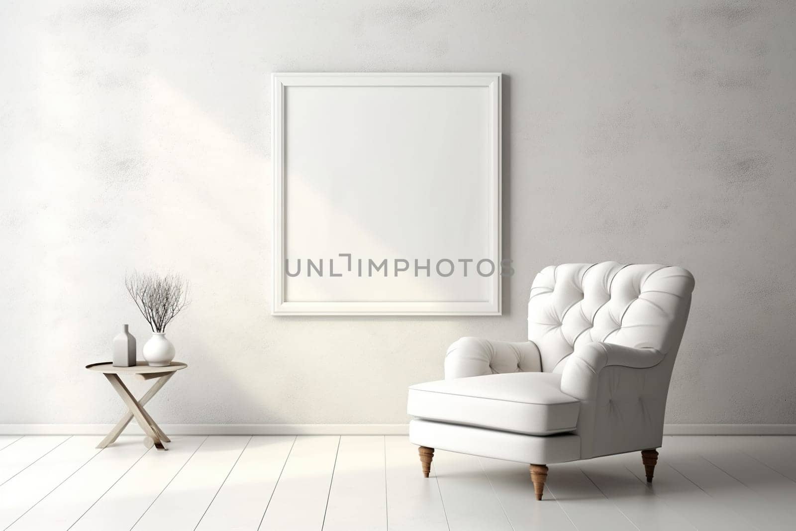 Beautiful bright living room interior with a comfortable white armchair and a large white painting on the wall.