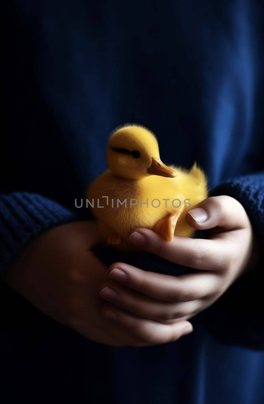 little close-up yellow farm duck hand duckling girl bird child. Generative AI. by Vichizh