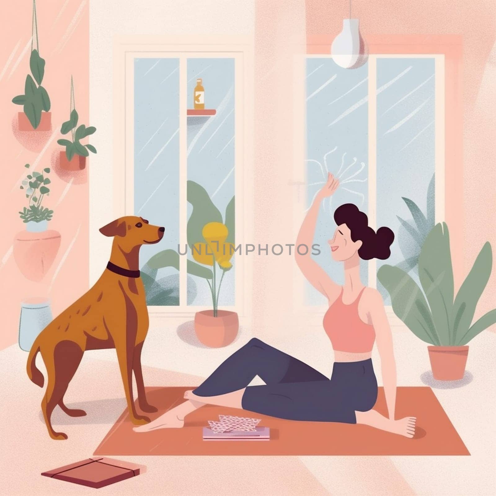 sport dog woman yoga fitness lifestyle home training body activity cartoon. Generative AI. by Vichizh