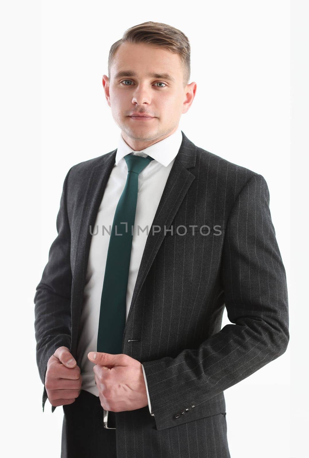 Handsome man in suit and tie look in camera chest isolated background. White collar dress code, modern office lifestyle, graduate college study, profession idea, coach train concept