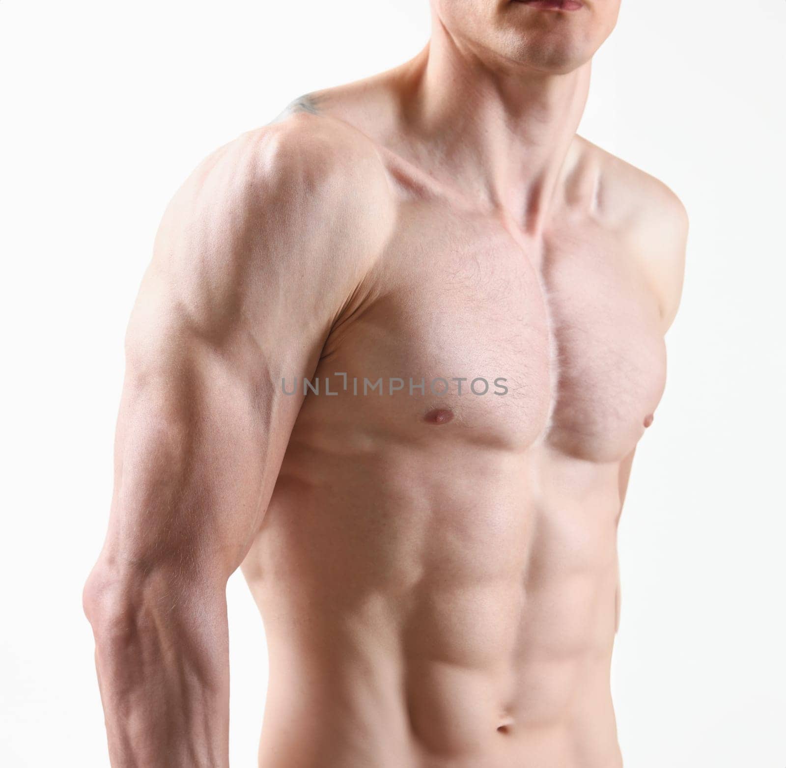 Fitness man background shoulder biceps pectoral muscles triceps bodybuilder on a gray background demonstrates the physical form for classes in the gym