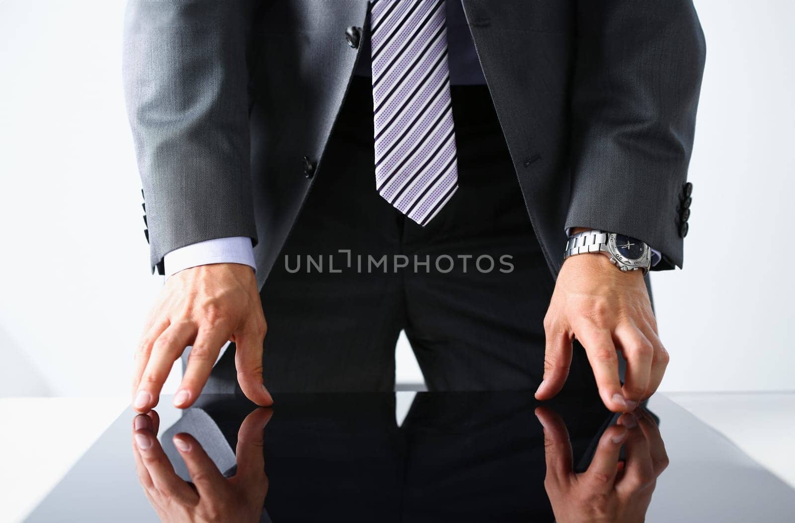 Empty arms of man in suit and tie closeup. White collar banker time watch wristwatch patience make decision strong control head of the board council concept