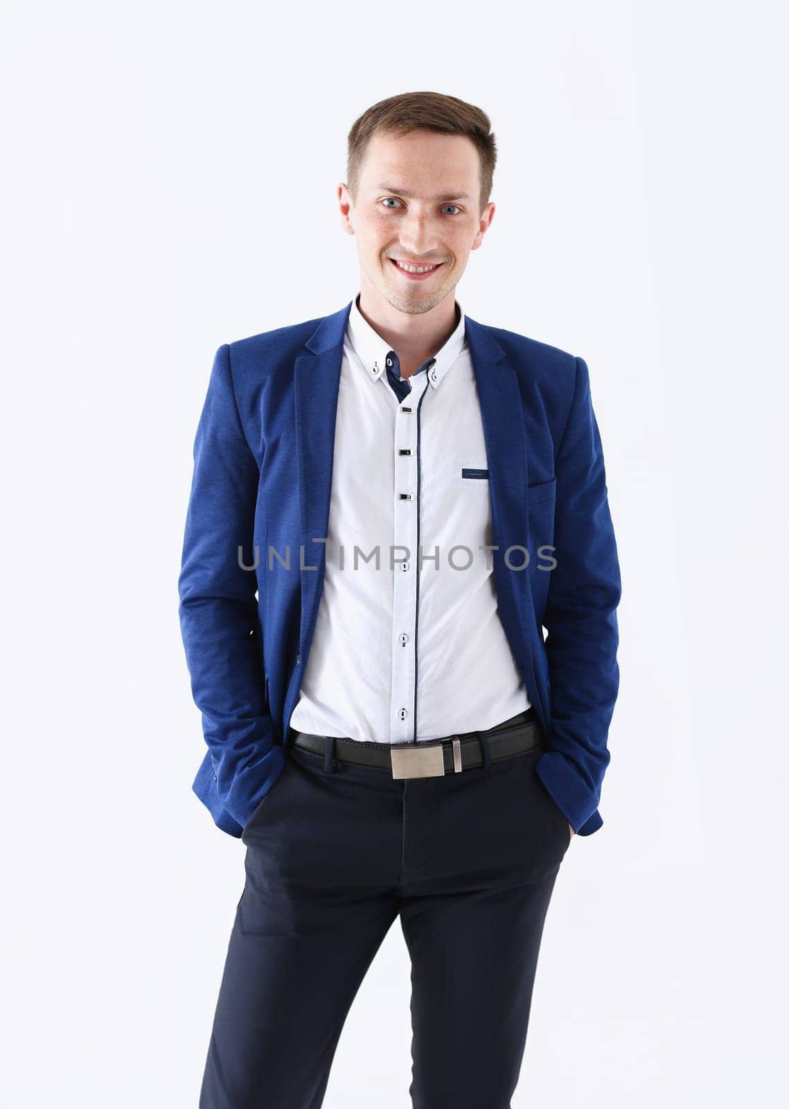 Handsome smiling man in suit and tie looking in camera portrait isolated background. White collar dress code modern office lifestyle graduate college study profession idea coach training concept