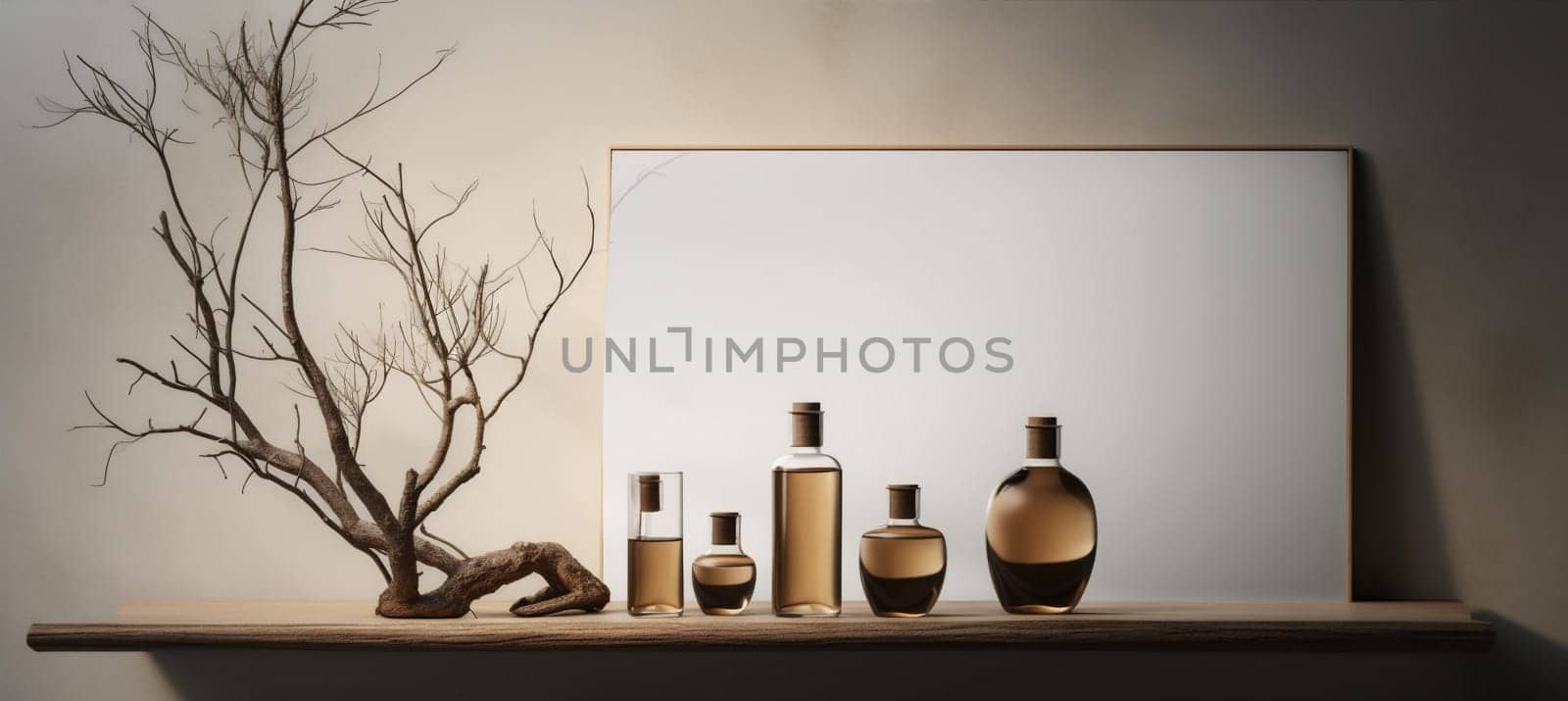 beauty layout stone scene organic minimalism display tree exhibition tree plant product nature bottle dais branch white cosmetic blank natural composition background. Generative AI.