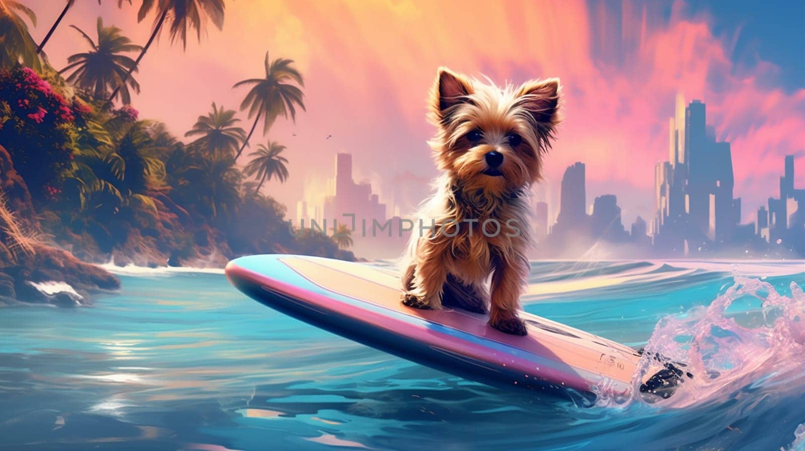 travel dog trip vintage hawaii humor beach ai illustration animal wave water terrier summer ocean surfer funny hawaiian puppy vacation. Generative AI.