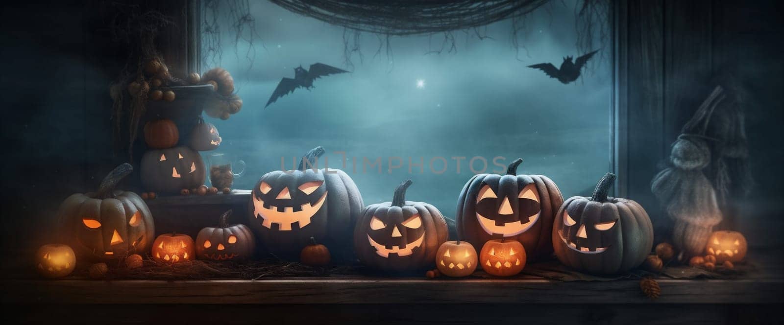 evil horror background halloween pumpkin design night mystery blue table fear. Generative AI. by Vichizh