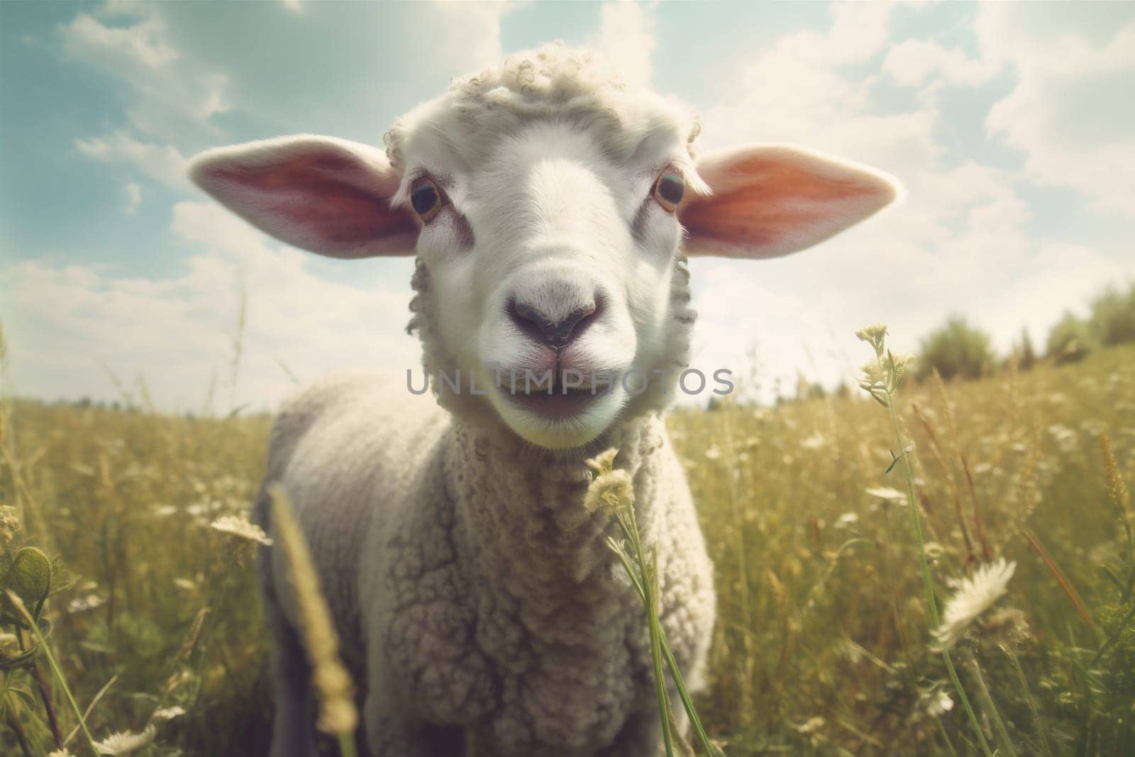 animal green farm lamb field sheep meadow wool sun grass. Generative AI. by Vichizh