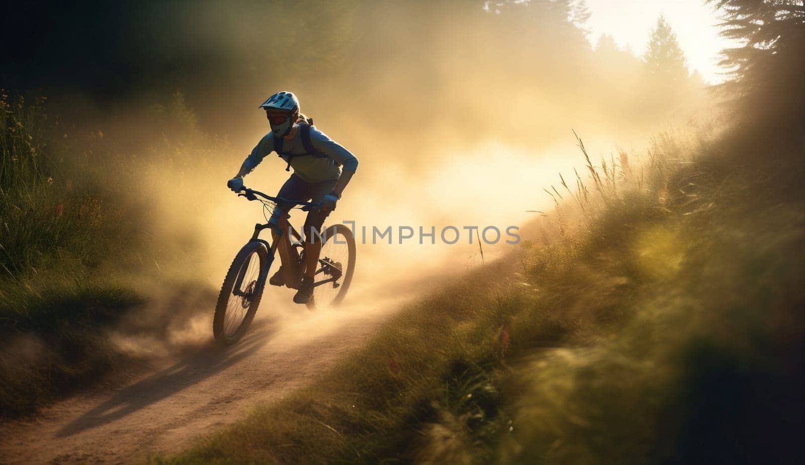 woman bicycle summer sunset sport walking bike cycling healthy dark forest. Generative AI. by Vichizh