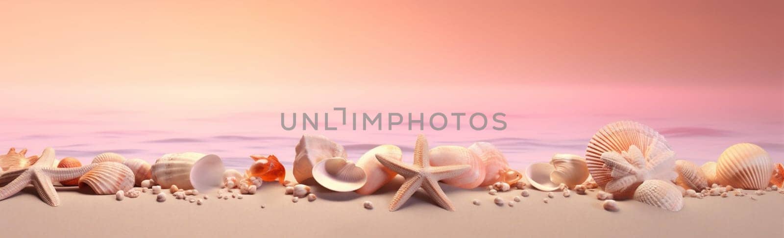 tropical summer ocean sand shell banner sea holiday beach nature. Generative AI. by Vichizh