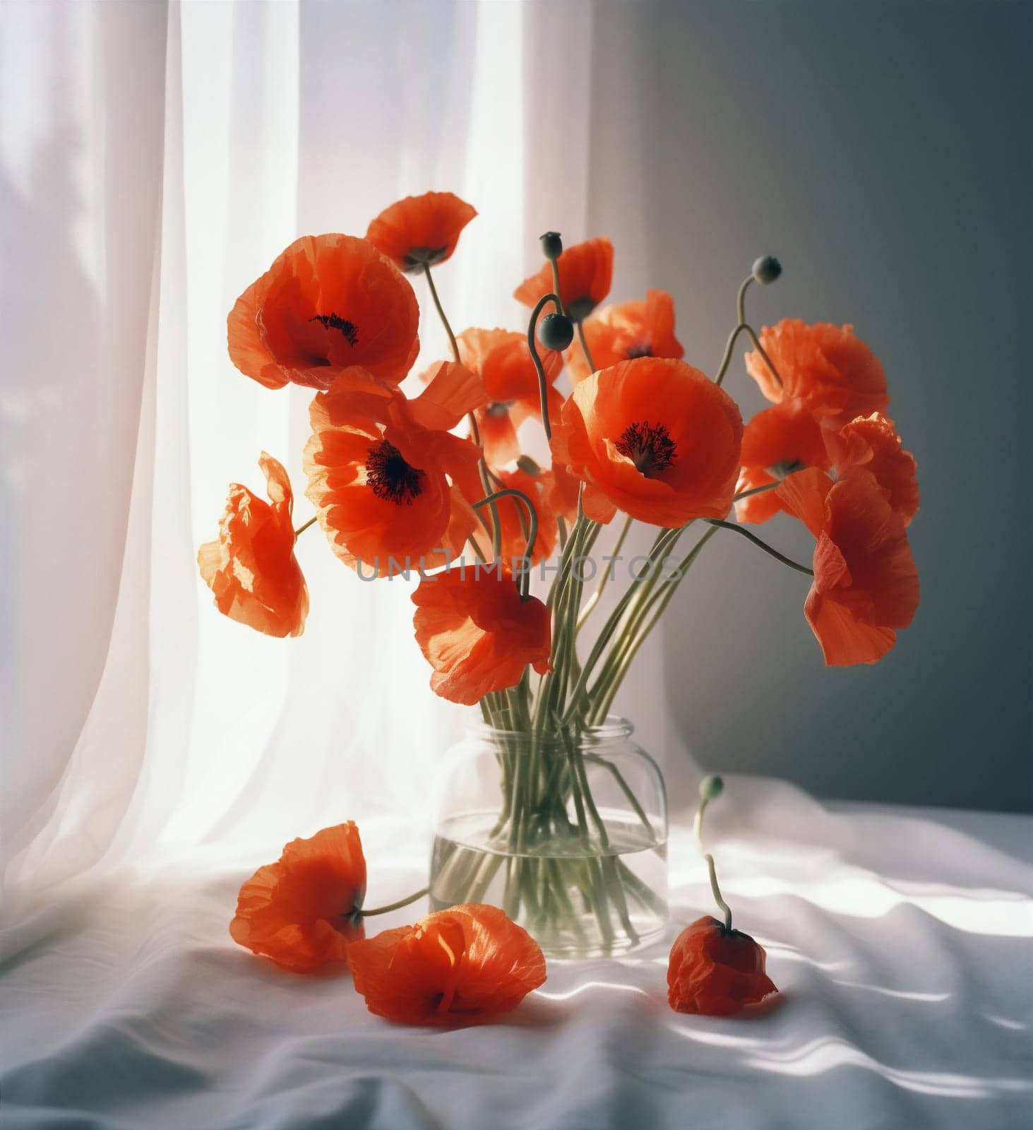 poppy flower floral background light red sunshine vase decoration beautiful bouquet. Generative AI. by Vichizh