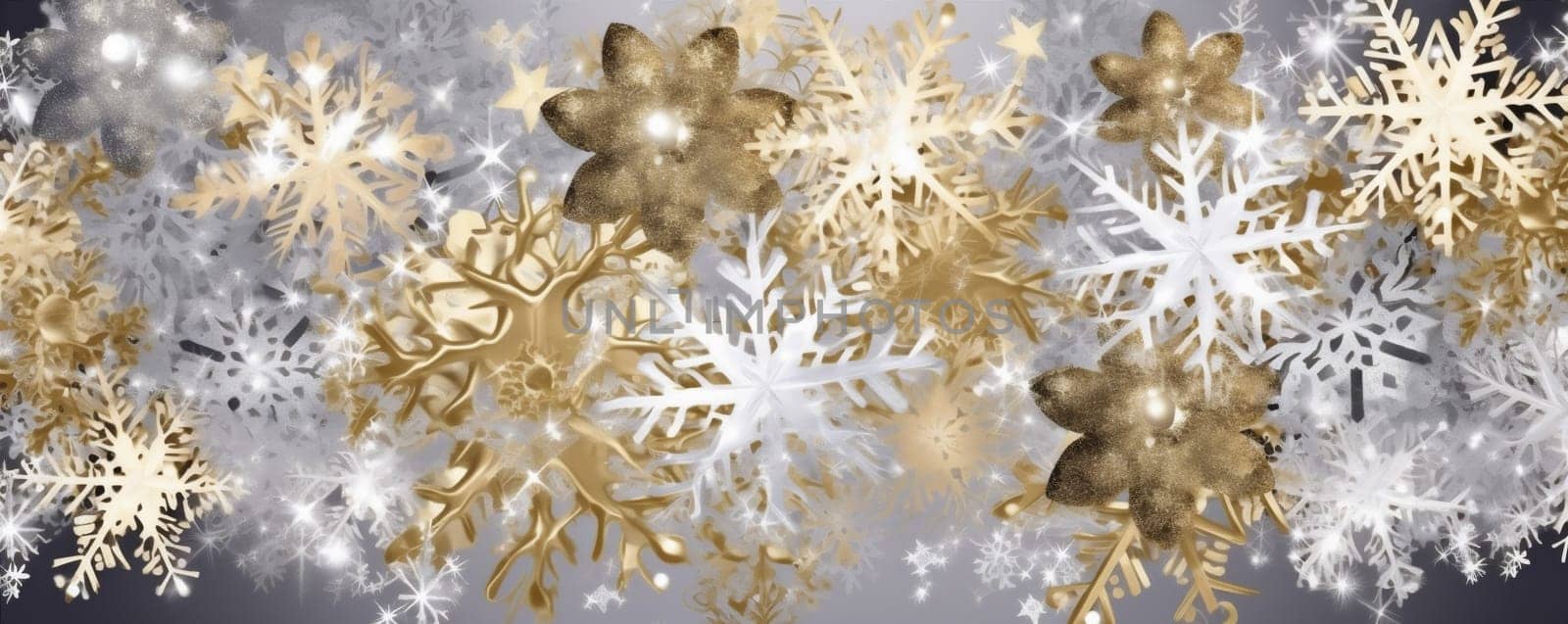 holiday winter celebrate glitter snowflake magic golden background space snow abstract white greeting sparkle glow christmas colour gold star shiny decoration. Generative AI.