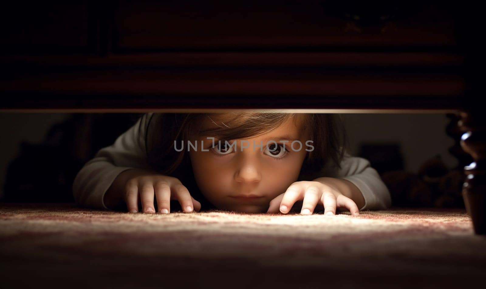 Child hiding under bed. Boy is afraid of dark and monsters under bed. Child sitting on bed, hiding in blanket and shaking. Children phobias concept. Frightened and terrified kid. Copy space