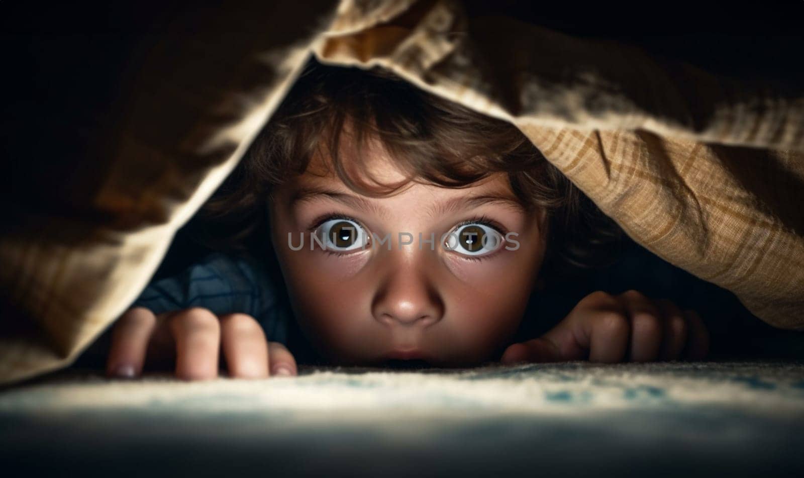 Child hiding under blankets. Boy is afraid of dark and monsters under bed. Child sitting on bed, hiding in blanket and shaking. Children phobias concept. Frightened and terrified kid. copy space