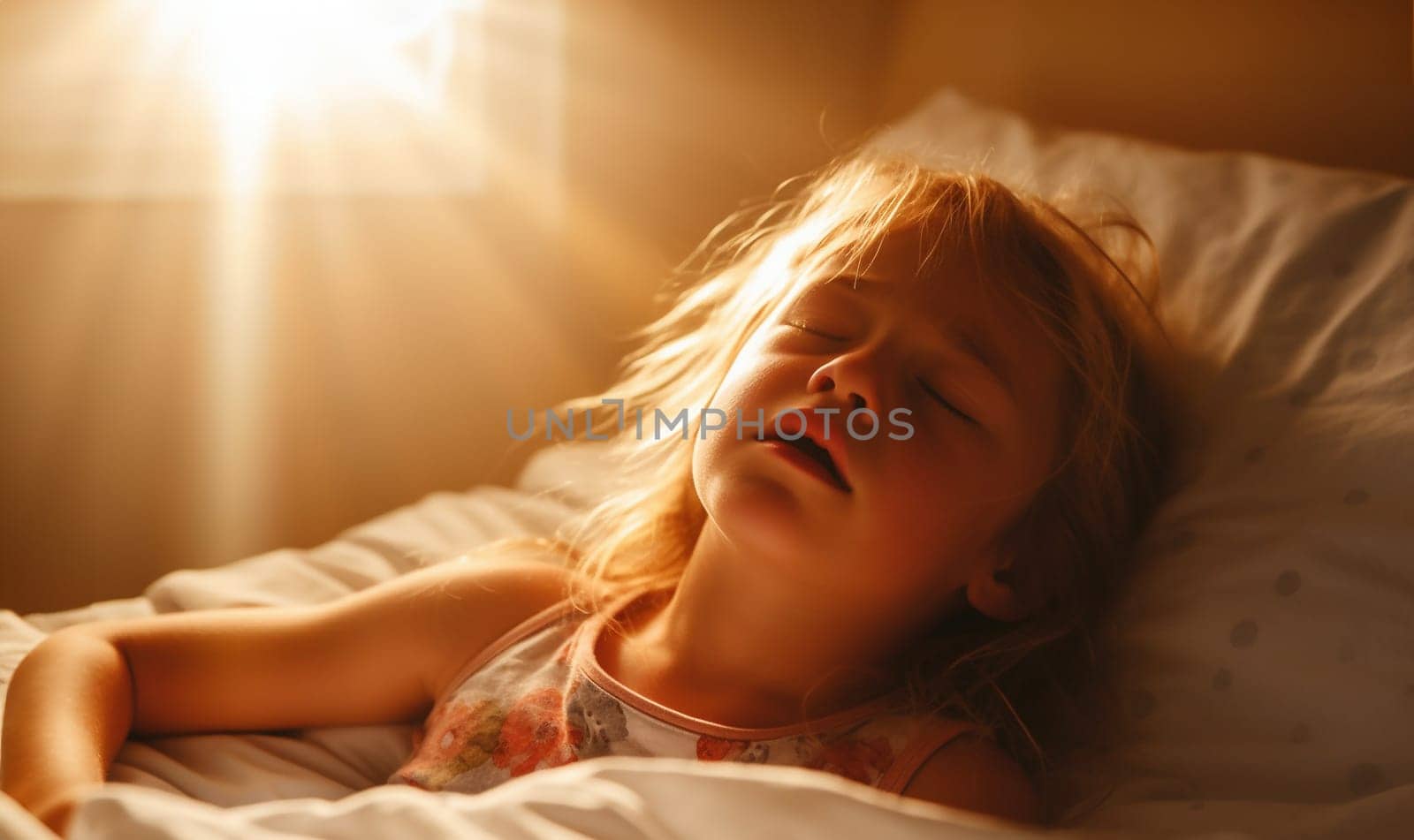 Child sleeping in bed or taking a nap with sunlight. Adorable kid boy after sleeping in white bed. Cute healthy little toddler baby boy child sleeping taking a nap under blanket in bed copy space Space for text