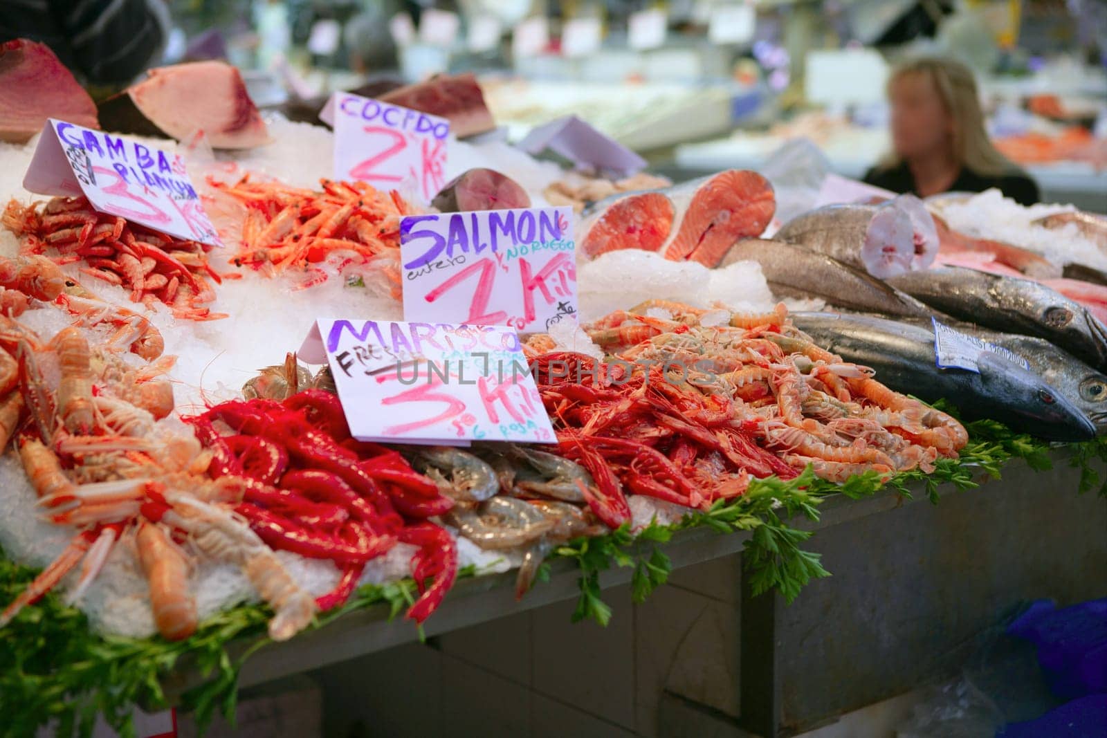 Mediterranean seafood in the market on ice