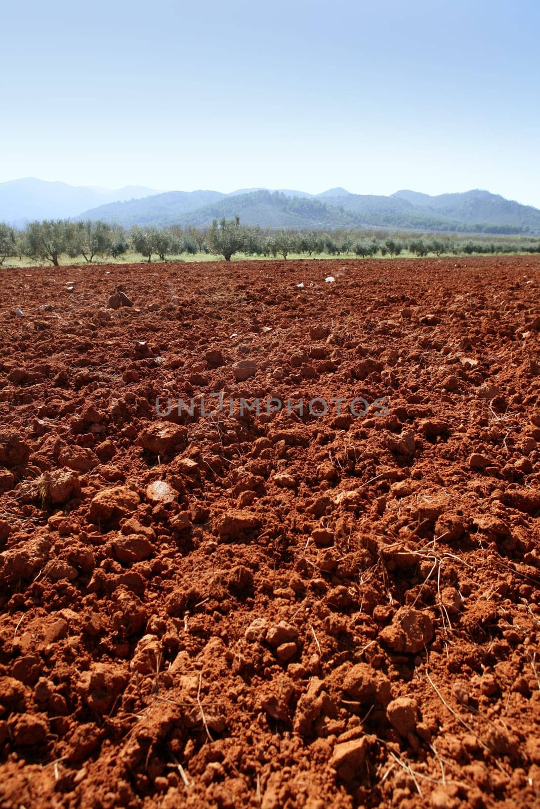 Red clay soil texture on a sunny morning in Spain