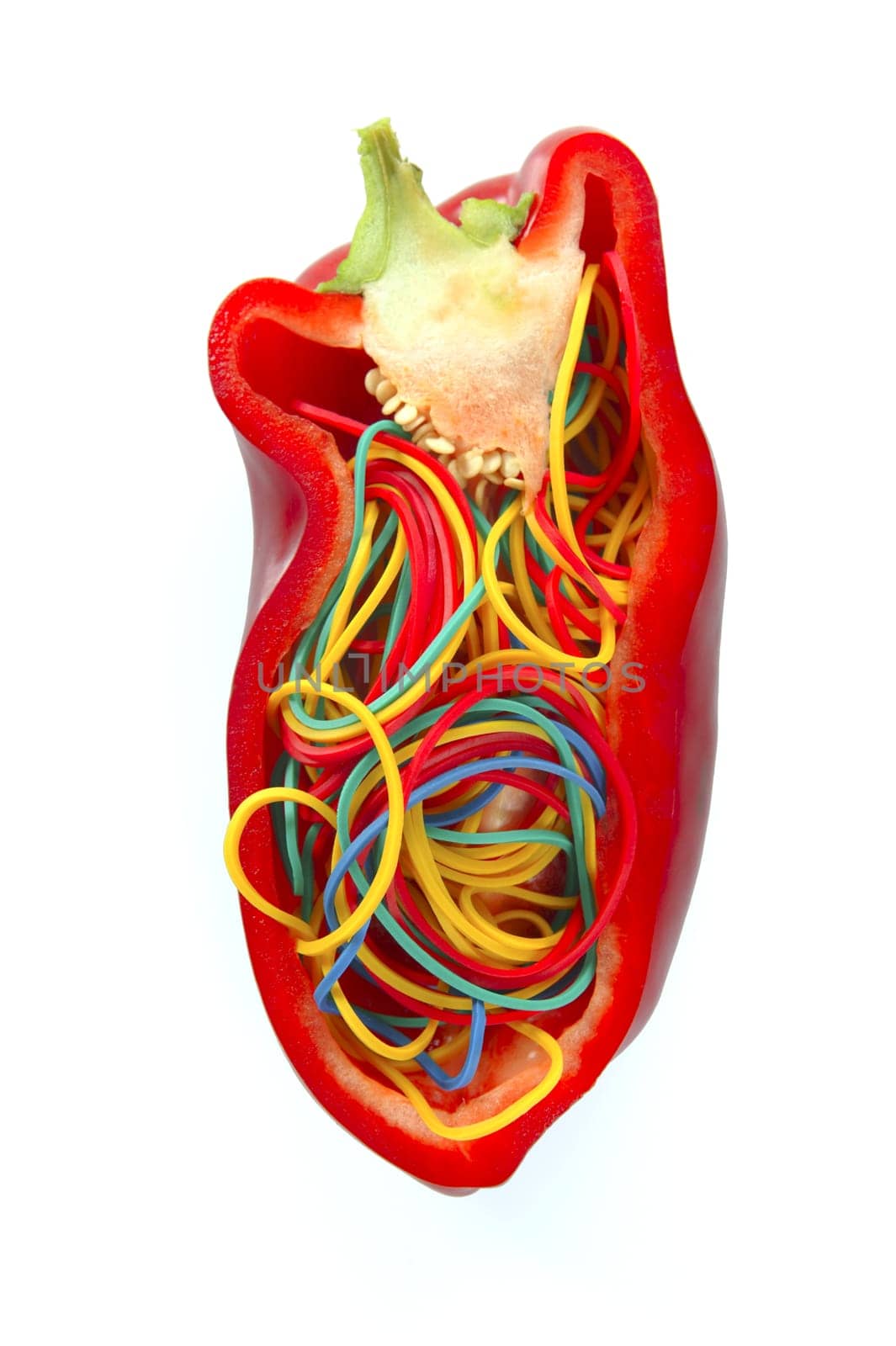 Abstract half pepper filled with many colorful rubber bands