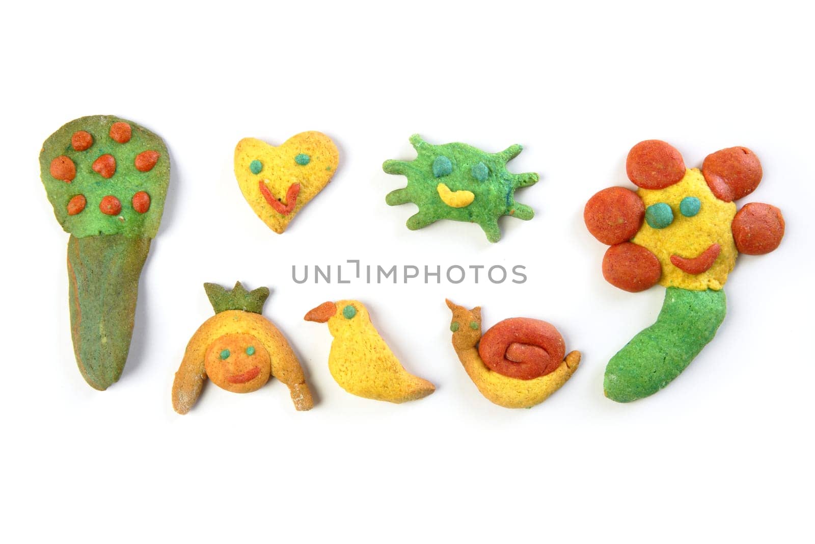 colorful multicolor funny biscuits shapes white background