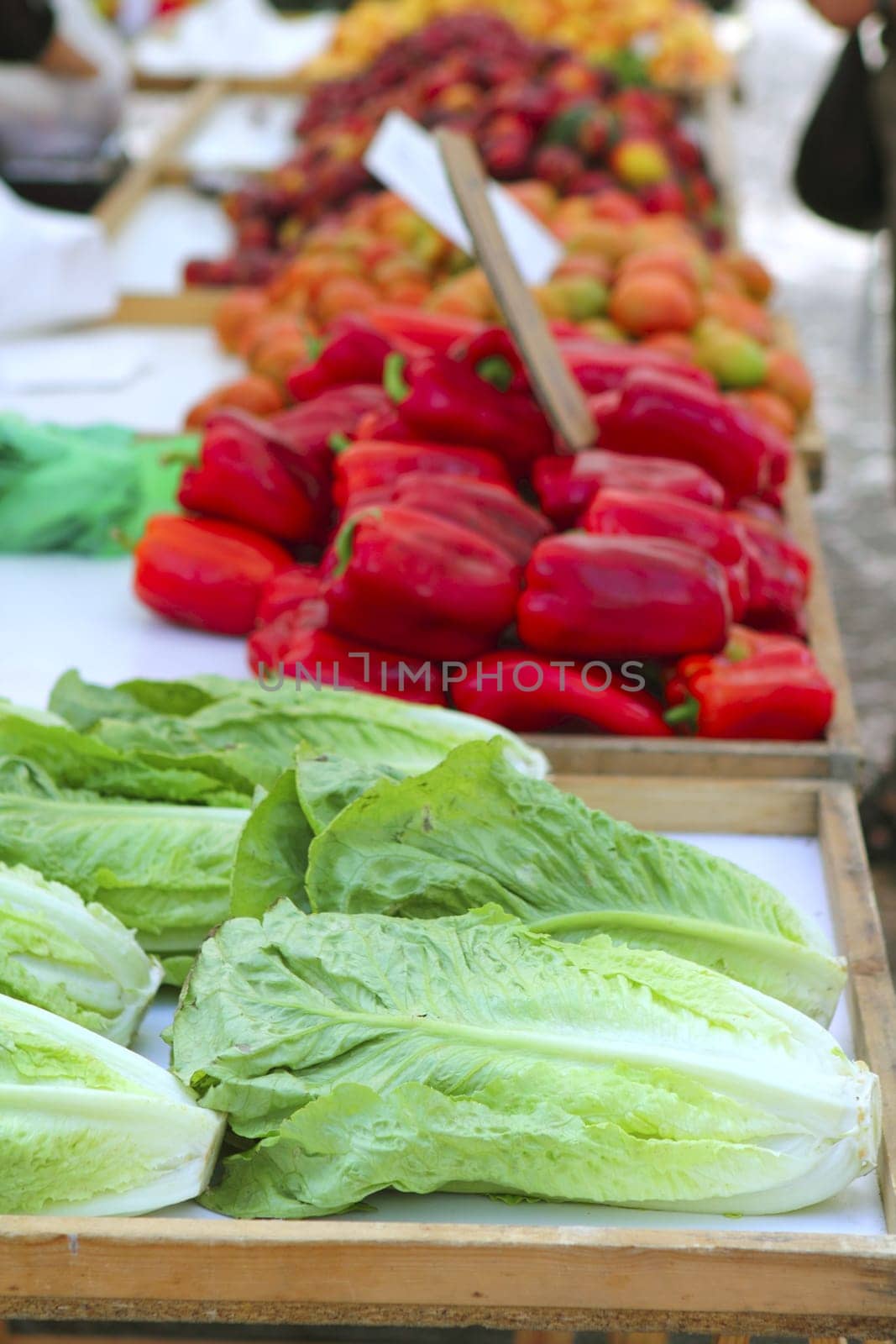 lettuce red pepper tomatoes on market store perspective