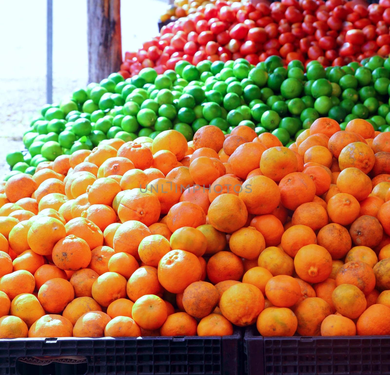 tangerine oranges lemon and tomatoes in market place