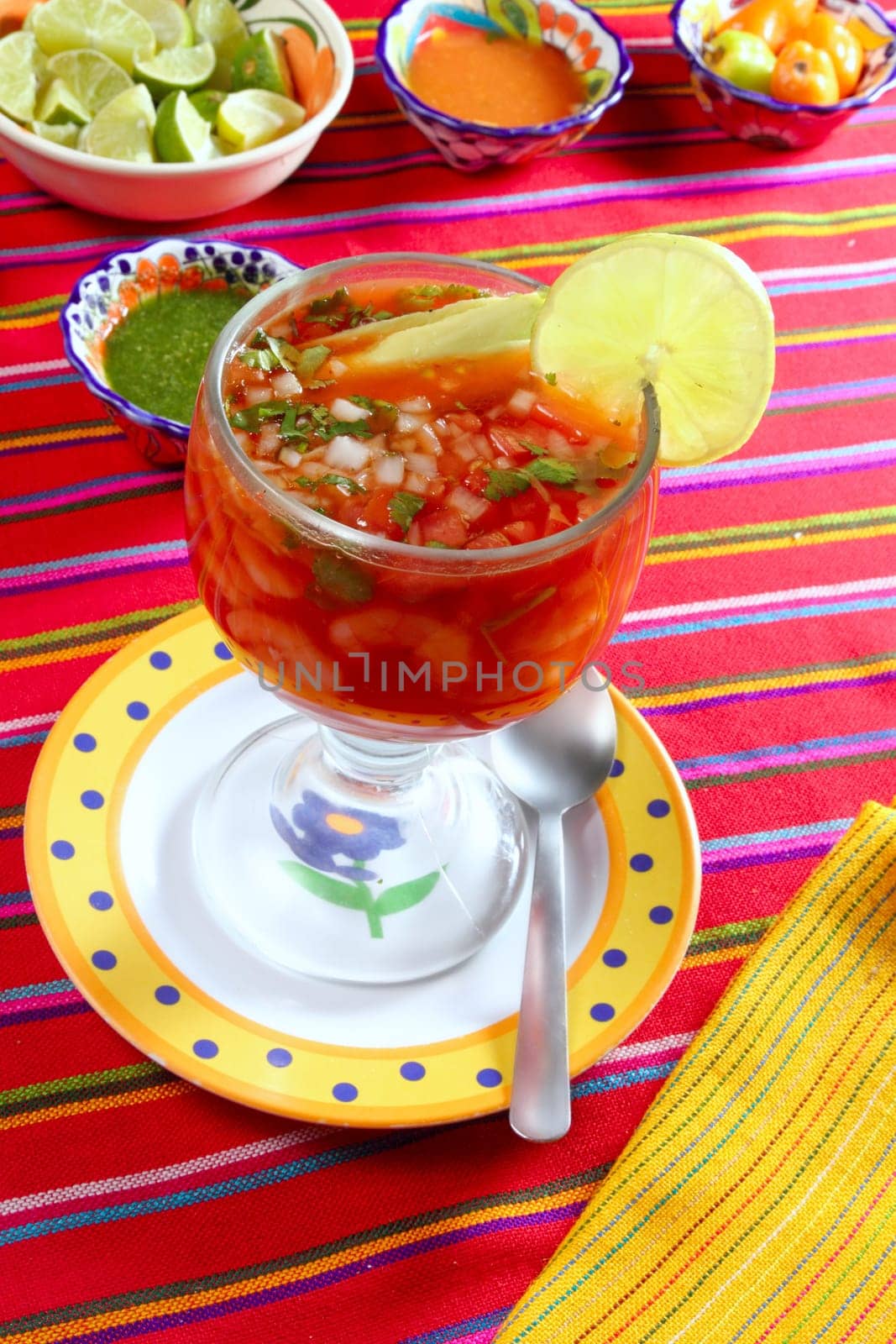 cocktail of shrimps mexican chili sauces lemon latin seafood Mexico