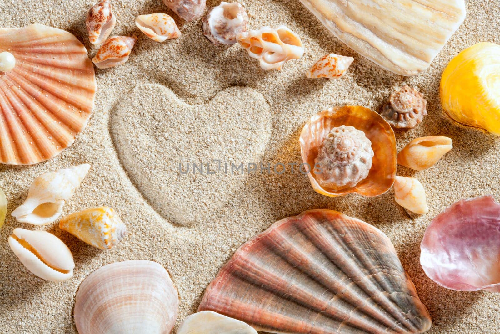 beach white sand with heart shape printed and shells such a summer vacation concept still life