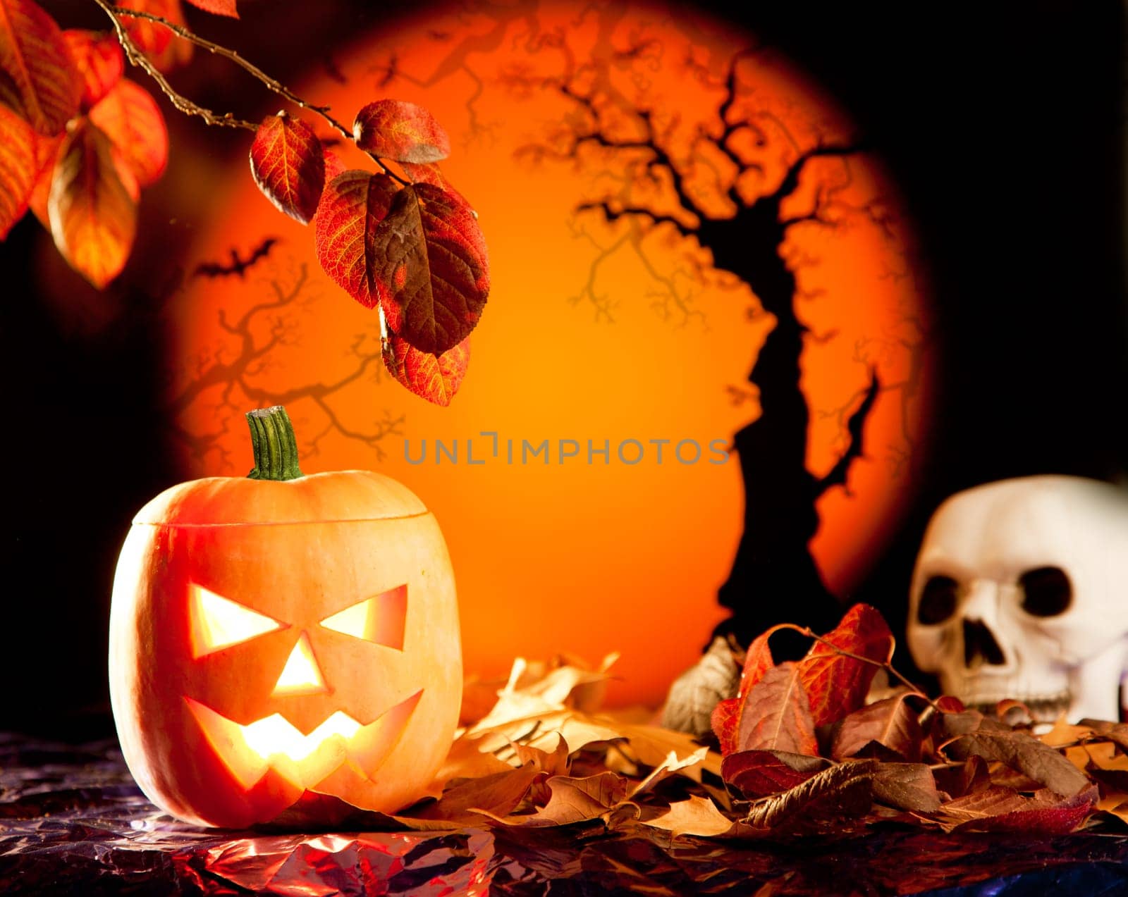 Halloween orange pumpkin lantern with autumn leaves